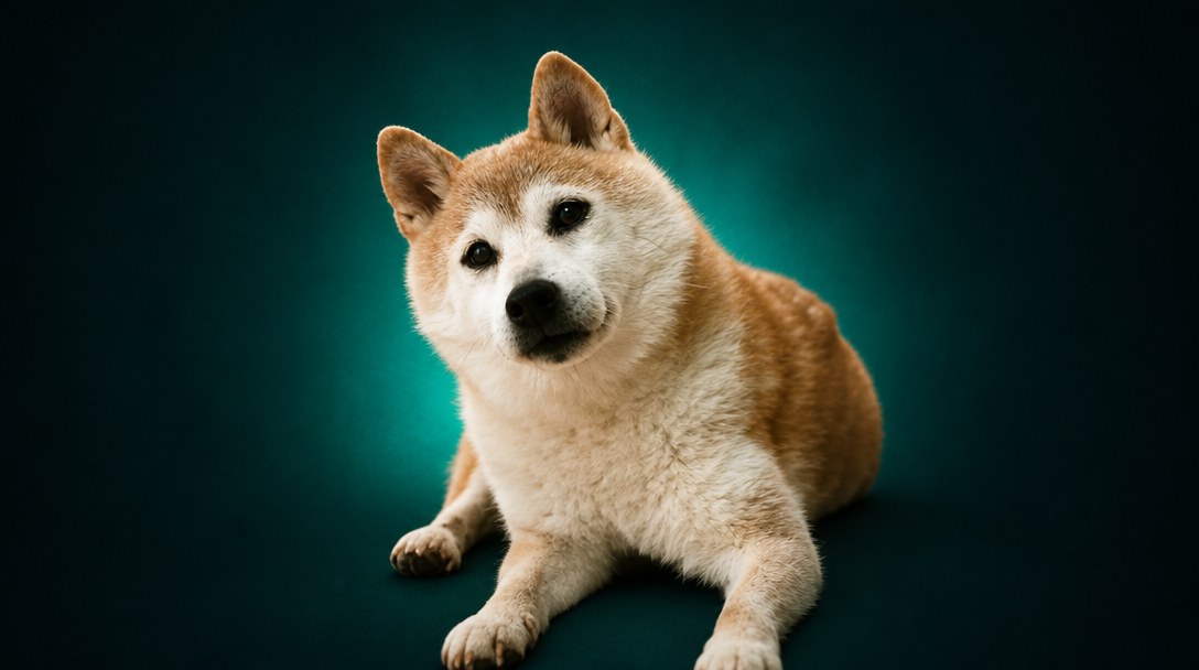 Kabosu the shiba inu lying down, looking at the camera